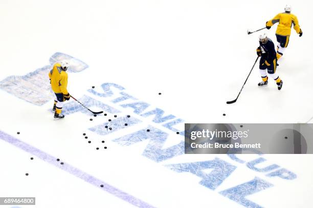 The Nashville Predators practice during Media Day for the 2017 NHL Stanley Cup Final at PPG PAINTS Arena on May 28, 2017 in Pittsburgh, Pennsylvania.