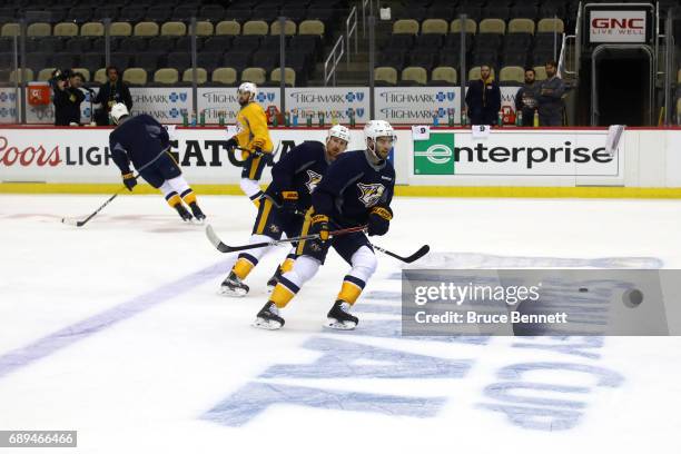 The Nashville Predators practice during Media Day for the 2017 NHL Stanley Cup Final at PPG PAINTS Arena on May 28, 2017 in Pittsburgh, Pennsylvania.