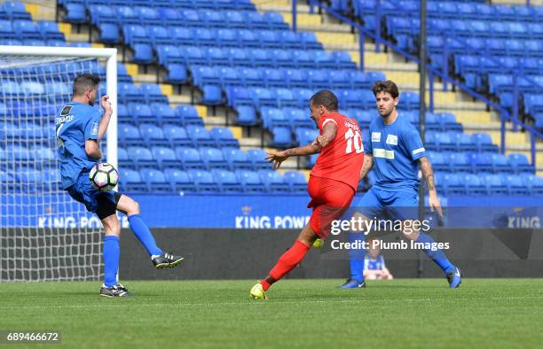 So Solid Crew's MC Harvey fires a shot towards goal during the Celebrity Charity Football Match at King Power Stadium on MAY 28 , 2017 in Leicester,...