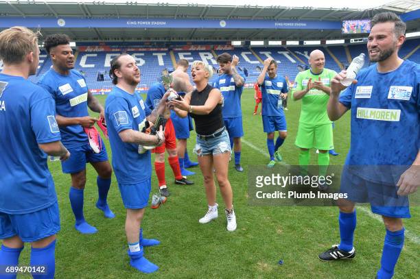 May 28: Team Manager Kerry Katona celebrates with her team after winning the Celebrity Charity Football Match at King Power Stadium on May 28 , 2017...