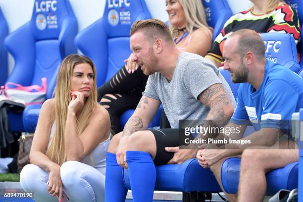May 28: Jame O'Hara talks to Team Manager Katie Price during the Celebrity Charity Football Match at King Power Stadium on May 28 , 2017 in...