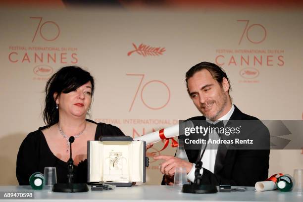 Director Lynne Ramsey and actor Joaquin Pheonix attend the Palme D'Or winner press conference during the 70th annual Cannes Film Festival at Palais...