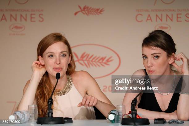 Winner of the Camera d'Or for best first film 'Jeune femme' director Leonor Serraille and actress Laetitia Dosch attend the Palme D'Or winner press...