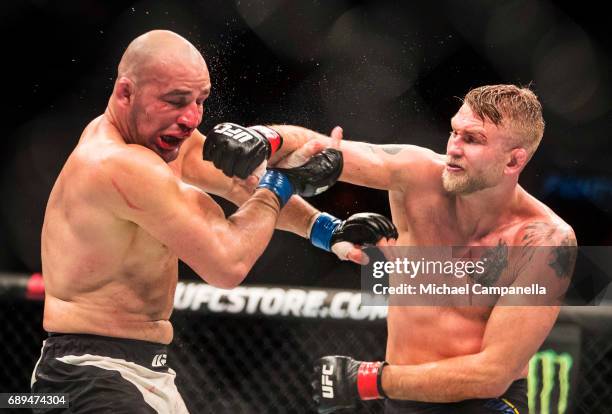 Alexander Gustafsson strikes Golver Teixeira during the UFC Fight Night event at Ericsson Globe on May 28, 2017 in Stockholm, Sweden.