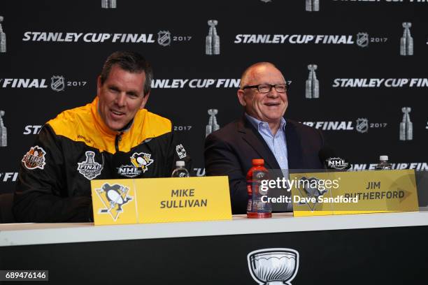 Mike Sullivan Head Coach of the Pittsburgh Penguins and Jim Rutherford General Manager of the Pittsburgh Penguins speak to the media during Media Day...