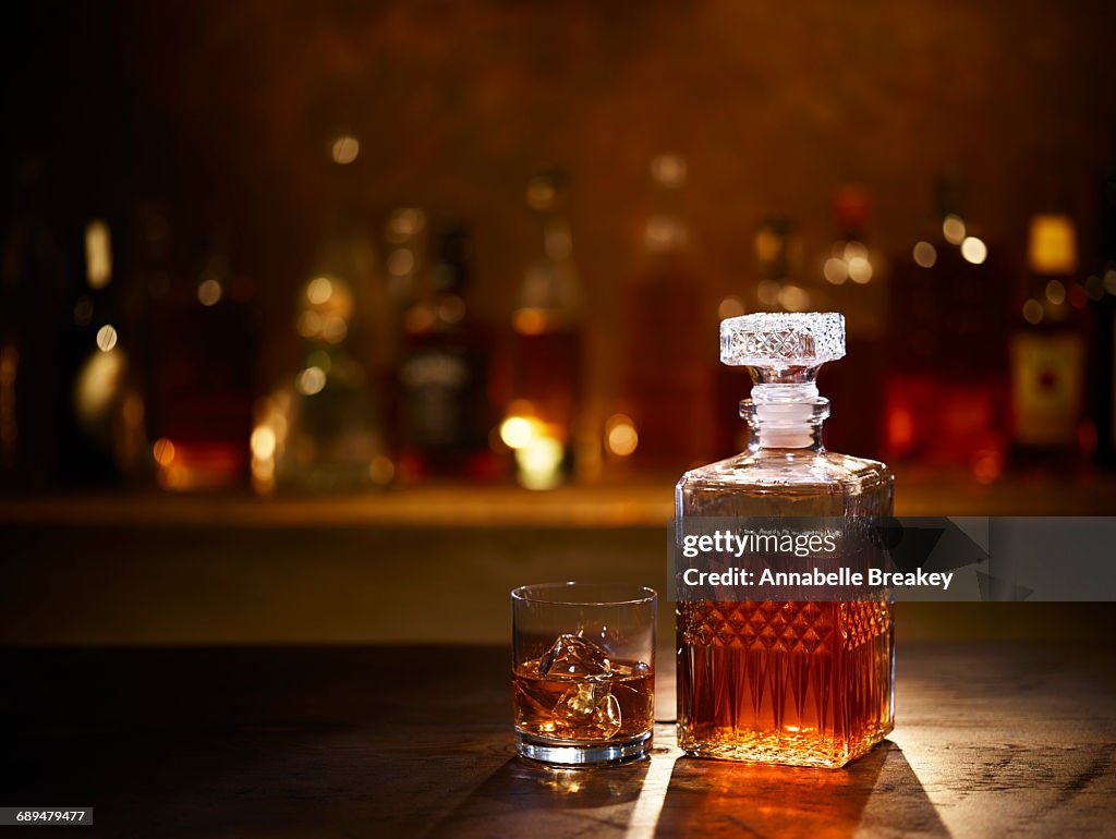 Still Life of Bourbon Whiskey on Bar