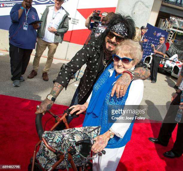 American musician Nikki Sixx and Holocaust survivor Eva Kor attends the 101st Indianapolis 500 at Indianapolis Motor Speedway on May 28, 2017 in...