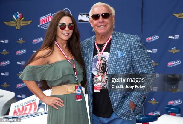 Retired professional wrestler Ric Flair with guest attends the 101st Indianapolis 500 at Indianapolis Motor Speedway on May 28, 2017 in Indianapolis,...