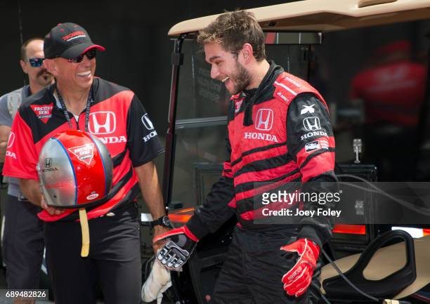 Musician ZEDD moments after taking a parade lap in a doubleseater Indy car driven by Mario Andretti during the 101st Indianapolis 500 at Indianapolis...