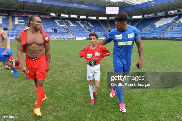 May 28: Anthony Yarde with George Kay and Junior Andre after the Celebrity Charity Football Match at King Power Stadium on May 28 , 2017 in...