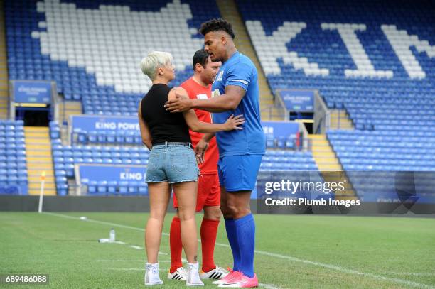 May 28: Team Manager Kerry Katona with husband George Kay during the Celebrity Charity Football Match at King Power Stadium on May 28 , 2017 in...