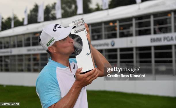 Alex Noren of Sweden with the winners trophy after the final round of the BMW PGA Championship on the West Course at Wentworth on May 28, 2017 in...