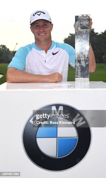 Alex Noren of Sweden with the winners trophy after the final round of the BMW PGA Championship on the West Course at Wentworth on May 28, 2017 in...