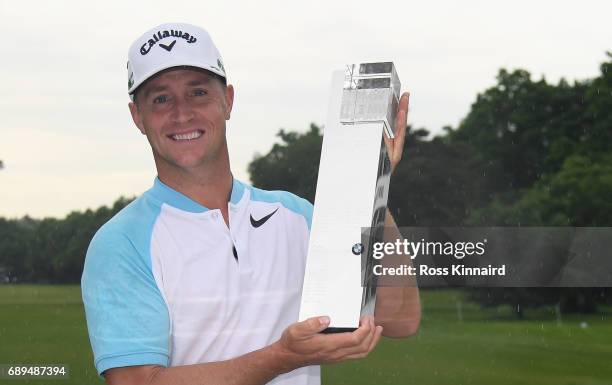 Alex Noren of Sweden with the winners trophy after the final round of the BMW PGA Championship on the West Course at Wentworth on May 28, 2017 in...