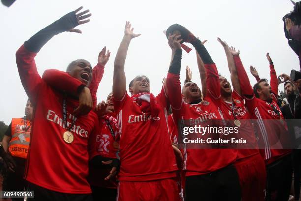 Benfica's players celebrate with trophy after winning the Portuguese Cup Title at the end of the Portuguese Cup Final match between SL Benfica and...