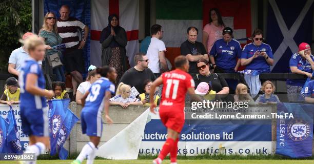 Fans watch the action in the WSL1 Spring Series match at Wheatsheaf Park between Chelsea Ladies v Liverpool Ladies: WSL1 on May 28, 2017 in Staines,...