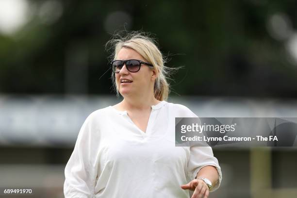 Emma Hayes of Chelsea Ladies during the match WSL1 Spring Series match at Wheatsheaf Park between Chelsea Ladies v Liverpool Ladies: WSL1 on May 28,...