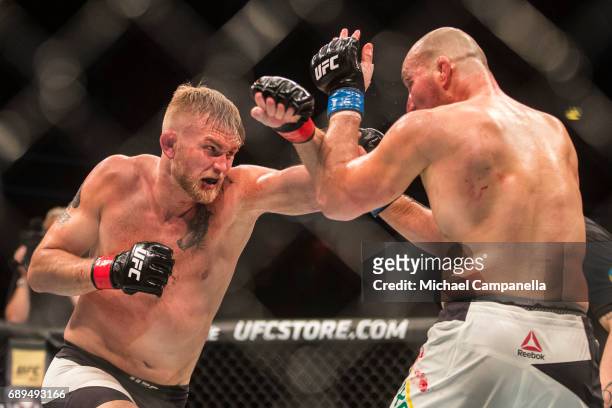 Alexander Gustafsson strikes at Golver Teixeira during the UFC Fight Night event at Ericsson Globe on May 28, 2017 in Stockholm, Sweden.