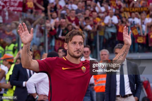 Francesco Totti greets the fans after his last appearance in Rome after more than 20 years during the Serie A match between Roma and Genoa at Stadio...