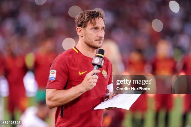 Francesco Totti greets the fans after his last appearance in Rome after more than 20 years during the Serie A match between Roma and Genoa at Stadio...