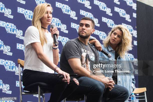 Katie Cassidy, Josh Segarra and Emily Bett Rickards take part in the Arrow Panel on day two of Heroes and Villians Convention at Olympia London on...