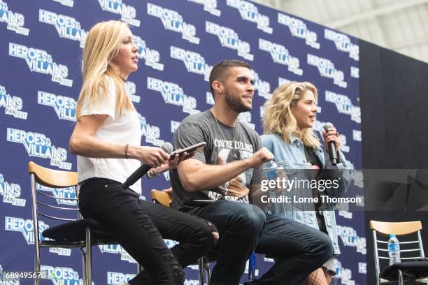 Katie Cassidy, Josh Segarra and Emily Bett Rickards take part in the Arrow Panel on day two of Heroes and Villians Convention at Olympia London on...