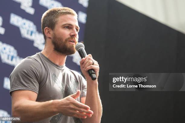 Stephen Amell is interviewed on day two of Heroes and Villians Convention at Olympia London on May 28, 2017 in London, England.