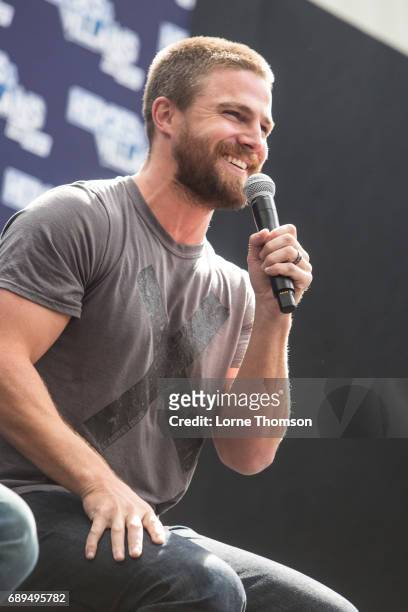 Stephen Amell is interviewed on day two of Heroes and Villians Convention at Olympia London on May 28, 2017 in London, England.