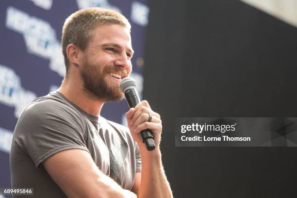 Stephen Amell is interviewed on day two of Heroes and Villians Convention at Olympia London on May 28, 2017 in London, England.