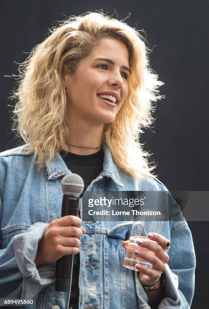 Emily Bett Rickards makes a surprise appearance during Stephen Amell's interview on day two of Heroes and Villians Convention at Olympia London on...