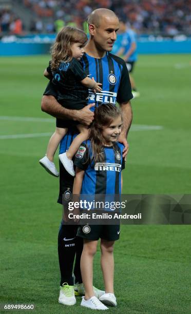 Rodrigo Palacio of FC Internazionale Milano posing for a picture with her children prior to the Serie A match between FC Internazionale and Udinese...