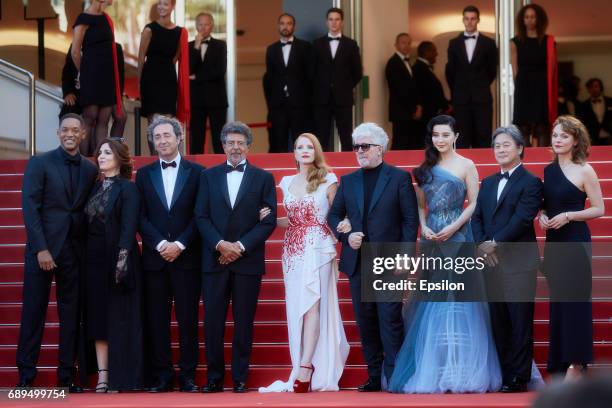 Jury members Will Smith, Agnes Jaoui, Paolo Sorrentino, Gabriel Yared, Jessica Chastain, President of the jury Pedro Almodovar, jury members Fan...