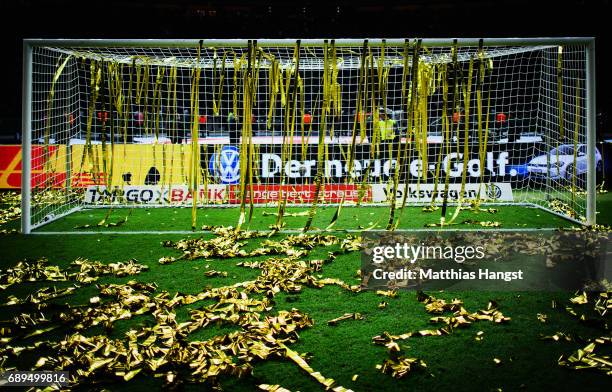 Goal covered with golden tinsel seen after the DFB Cup final match between Eintracht Frankfurt and Borussia Dortmund at Olympiastadion on May 27,...