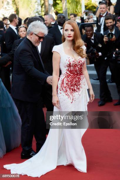 Pedro Almodovar, Jessica Chastain attend the Closing Ceremony of the 70th annual Cannes Film Festival at Palais des Festivals on May 28, 2017 in...