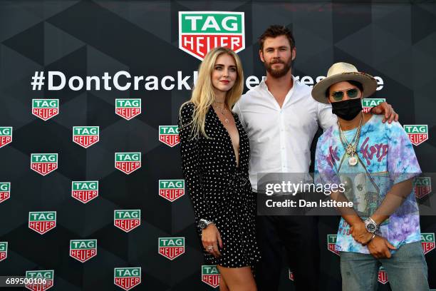 Actor Chris Hemsworth, Artist Alec Monopoly and Fashion blogger and model Chiara Ferragni at the TAG Heuer Culinary Challenge on May 27, 2017 in...