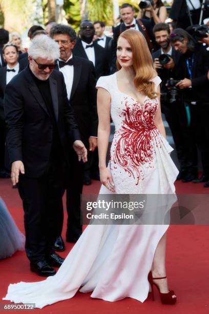 Pedro Almodovar, Jessica Chastain attend the Closing Ceremony of the 70th annual Cannes Film Festival at Palais des Festivals on May 28, 2017 in...