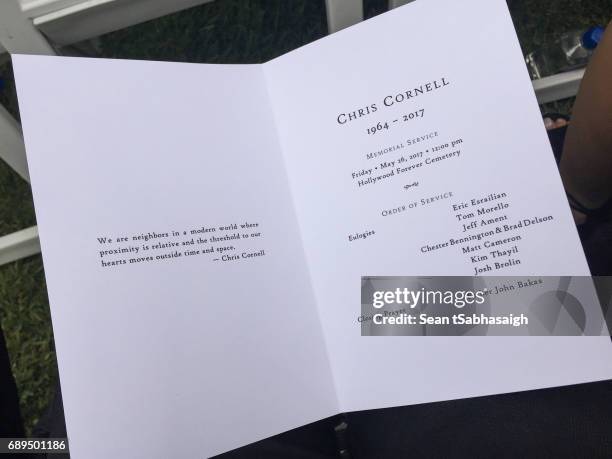 Photograph of the inside program for Chris Cornell's funeral services at at Hollywood Forever on May 26, 2017 in Hollywood, California. The...