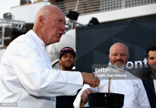 Heuer CEO Jean-Claude Biver and Chef Philippe Etchebest at the TAG Heuer Culinary Challenge on May 27, 2017 in Monte-Carlo, Monaco.
