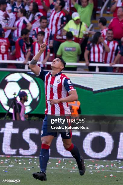 Alan Pulido of Chivas celebrates after scoring the first goal of his team during the Final second leg match between Chivas and Tigres UANL as part of...