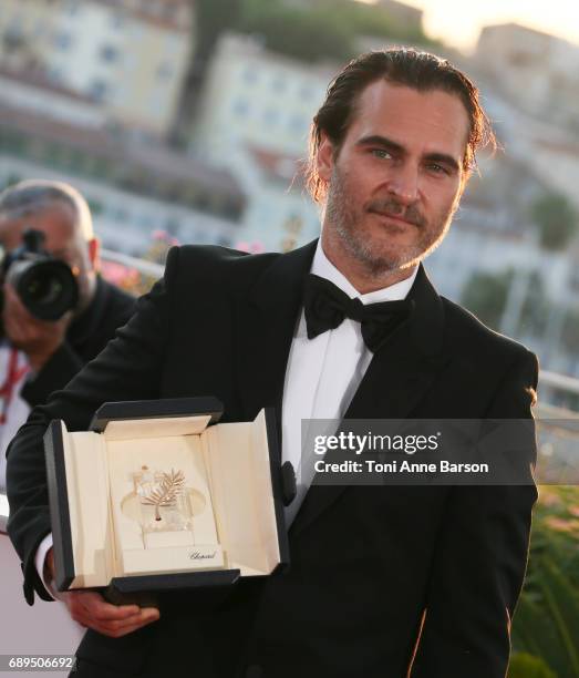 Actor Joaquin Phoenix, who won the award for Best Actor for his part in the movie 'You Were Never Really Here' attends the winners photocall during...