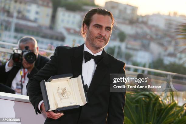 Actor Joaquin Phoenix, who won the award for Best Actor for his part in the movie 'You Were Never Really Here' attends the winners photocall during...