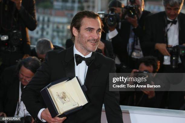 Actor Joaquin Phoenix, who won the award for Best Actor for his part in the movie 'You Were Never Really Here' attends the winners photocall during...