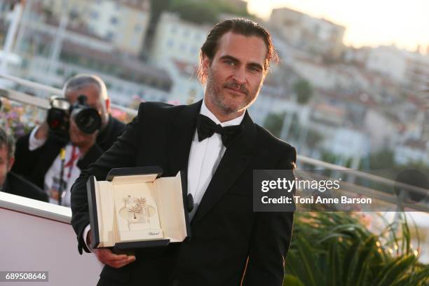 Actor Joaquin Phoenix, who won the award for Best Actor for his part in the movie 'You Were Never Really Here' attends the winners photocall during...