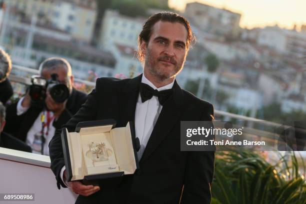 Actor Joaquin Phoenix, who won the award for Best Actor for his part in the movie 'You Were Never Really Here' attends the winners photocall during...