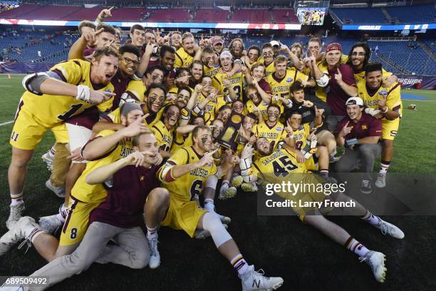 The Salisbury Sea Gulls react after winning the Division III Men's Lacrosse Championship held at Gillette Stadium on May 28, 2017 in Foxboro,...