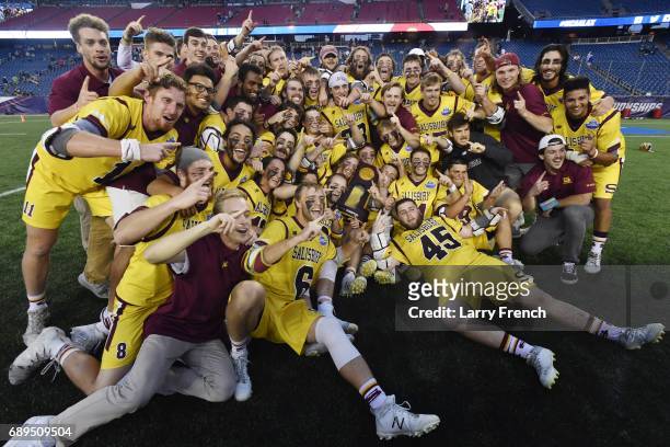 The Salisbury Sea Gulls react after winning the Division III Men's Lacrosse Championship held at Gillette Stadium on May 28, 2017 in Foxboro,...