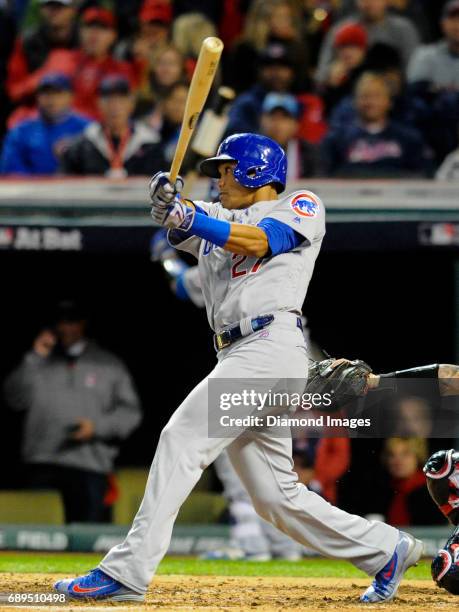 Shortstop Addison Russell of the Chicago Cubs bats during Game 1 of the World Series on October 25, 2016 against the Cleveland Indians at Progressive...