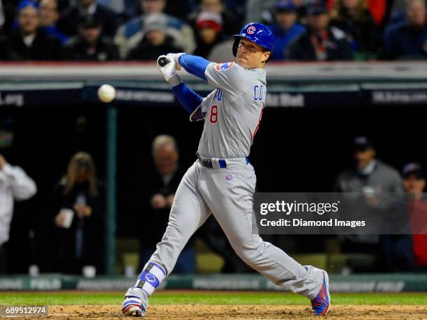 Rightfielder Chris Coughlan of the Chicago Cubs bats during Game 1 of the World Series on October 25, 2016 against the Cleveland Indians at...