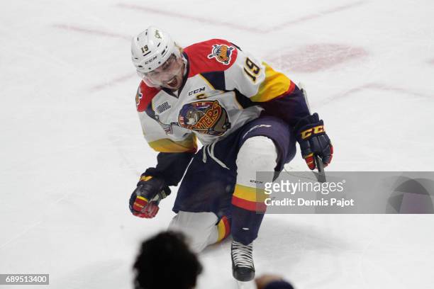 Forward Dylan Strome of the Erie Otters celebrates his first period goal against goaltender Michael DiPietro of the Windsor Spitfires on May 28, 2017...
