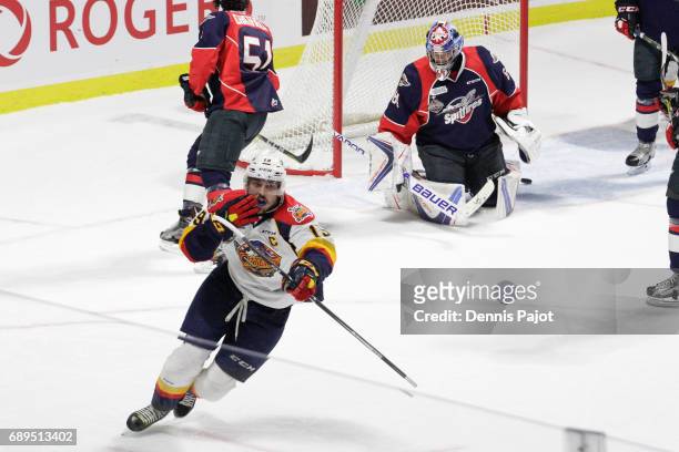 Forward Dylan Strome of the Erie Otters celebrates his first period goal against goaltender Michael DiPietro of the Windsor Spitfires on May 28, 2017...